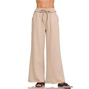 Zenana Fleece Exposed Seam Wide Leg Sweatpants - ASH MOCHA
